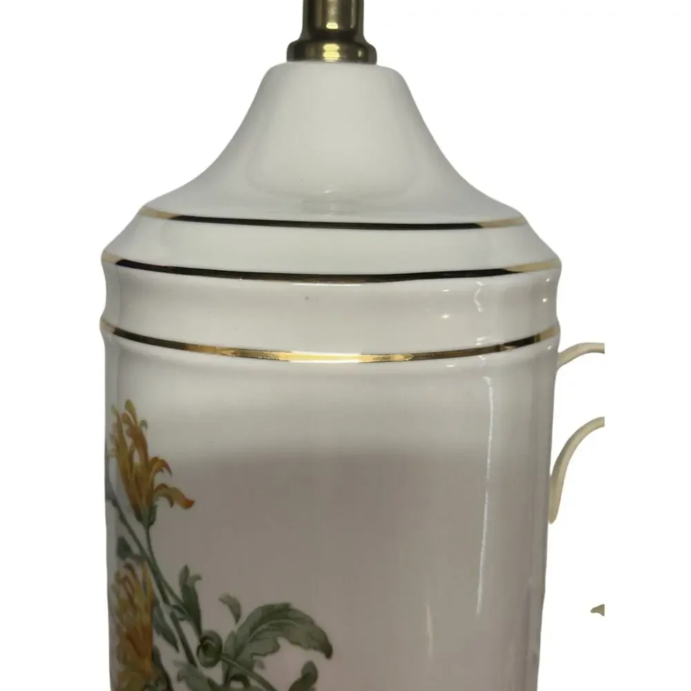 Vintage Pair White Gold Trim Ceramic Table Lamps With Floral Birds Butterflies